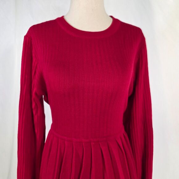 Long Sleeve Ribbed Knit Crew Neck Pleated Sweater Dresses Size Large - Picture 3 of 9